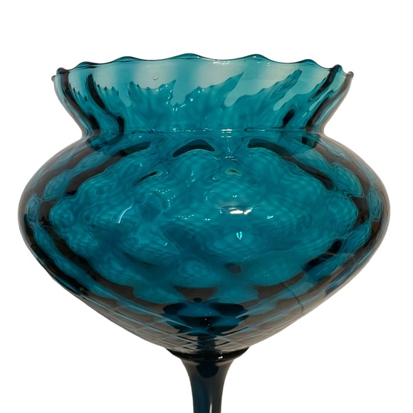 Vintage MCM Empoli Teal Blue Optic Glass Stemmed Fluted Vase Compote Bowl 12" - Picture 2 of 6